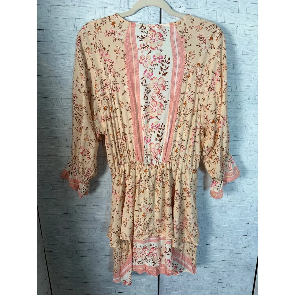 Umgee Womens Mini Dress Boho Floral V-Neck Peach Pink Ruffle Bell Sleeve C2532 - Picture 2 of 9
